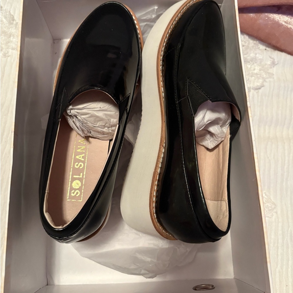 Sol-Sana Tabbie Wedge Platform Black Leather Loafer black heel NEW IN BOX size 6